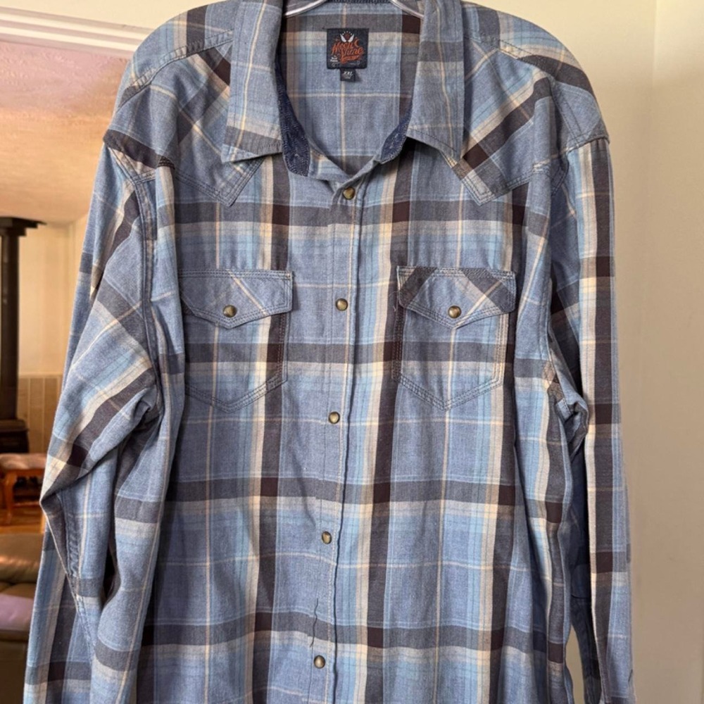 Moon Shine by Brad Paisley Western Plaid Pearl Snap Shirt Blue Brown XXL